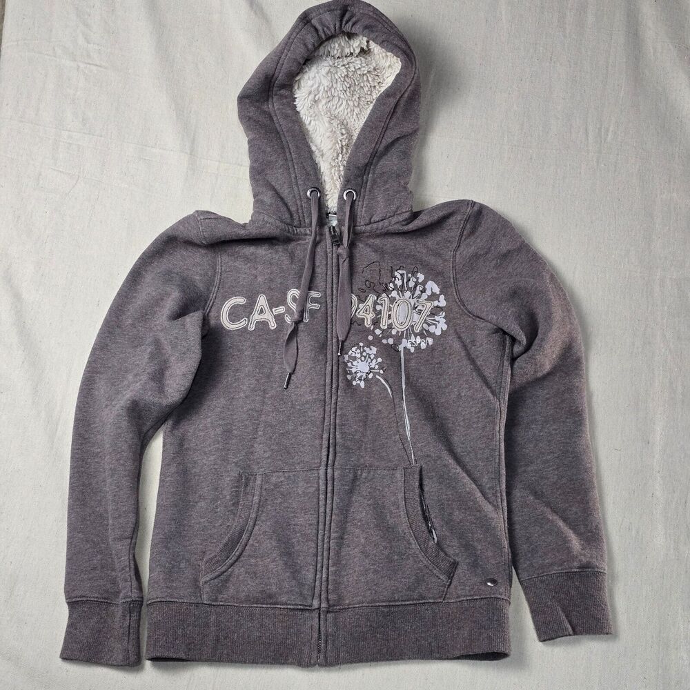 Esprit Women's XS Grey‎ CA-SF 94107 Stitched Fleece Lined Hoodie Zip Sweater